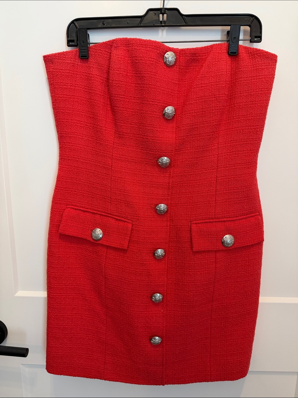 Veronica Beard Red Strapless Tweed Button-Front Mini Dress